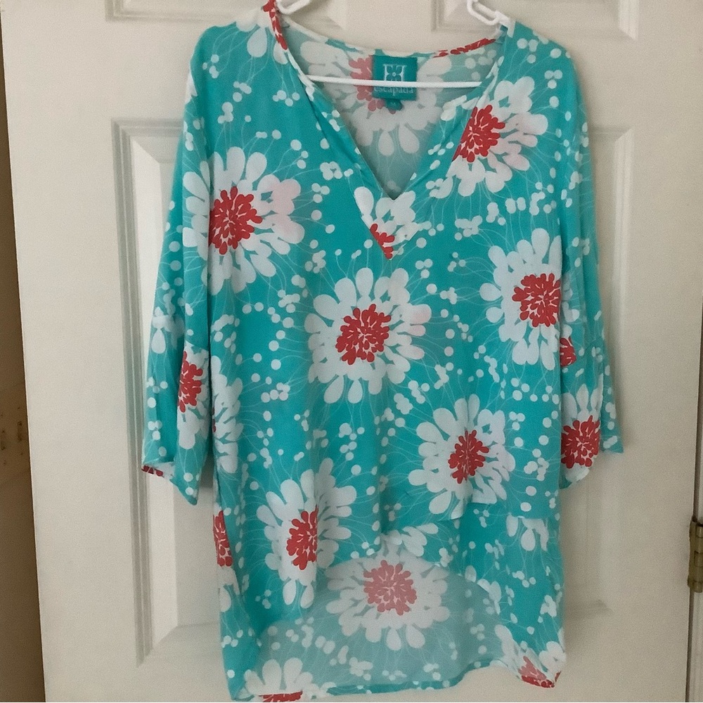 Escapada Blue Floral Tunic with Mandarin Collar